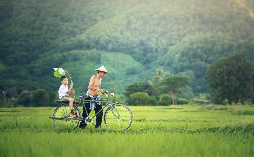 Père et fils à vélo à travers les rizières au Laos