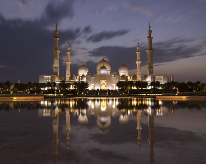 Grande mosquée Cheikh Zayed vue de nuit, Abu Dhabi